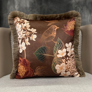 Floral Bird Brown Velvet Throw Pillow, Stylish Cushion Cover with Piping edges, Designer Handmade Pillow Case, Best Gift, Lumbar Multi Sizes