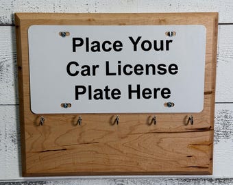 Car License Plate Key Holder- Maple Wood- Add your own Vehicle's License Plate!