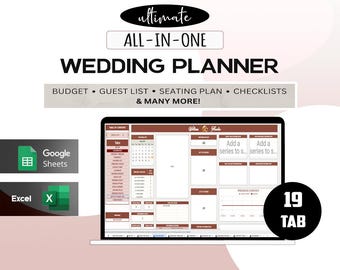 Puede incluir: Una pantalla de portátil que muestra una plantilla de planificador de bodas con 19 pestañas. El planificador incluye secciones para presupuesto, lista de invitados, plano de asientos y listas de verificación. Las palabras "Ultimate All-In-One Wedding Planner" están en la parte superior.
