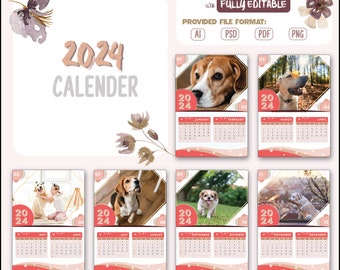 May include: A 2024 calendar featuring adorable dogs in different settings. Each month is represented by a different dog breed, with a calendar grid and a decorative border. The calendar is fully editable and available in AI, PSD, PDF, and PNG formats.