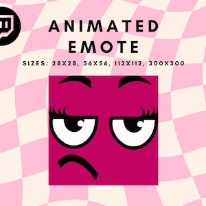 Puede incluir: Emoticono animado de Twitch que presenta un cuadrado rosa con una cara de dibujos animados. La cara tiene ojos grandes blancos con pupilas negras, pestañas negras y una ceja negra. La boca es una línea negra con un ligero ceño fruncido.
