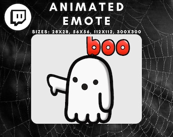 May include: Animated Twitch emote featuring a white ghost with black eyes and a red "boo" above it.