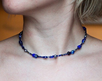Blue Greek-inspired necklace/choker - Evil Eyes, pearls, and blue beads