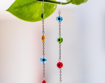 Evil Eye long dangle earring - color glass beads, silver chains