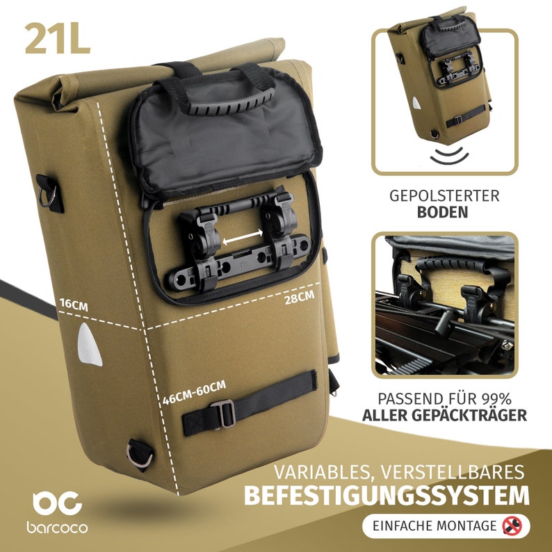 Barcoco Fahrradtasche für Gepäckträger wasserdicht, Gepäckträgertasche mit Laptopfach 15,6 Zoll, Rucksack Umhängetasche Bild 8