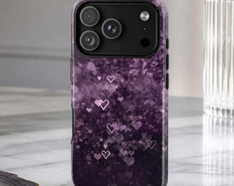 Phone Case for iPhone, Samsung Galaxy and Pixel (iPhone 17 Pro Max Case, S26 Ultra Case, etc). Space Themed with pink hearts. Gift for Her