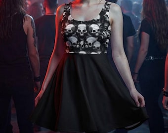 Black Skull Skater Dress: Asymmetrical Goth Fashion