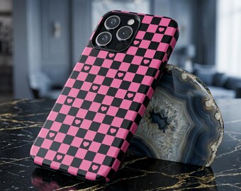 iPhone, Pixel, Galaxy Phone Case (iPhone 17 Pro Max case, S26 Ultra, etc): Black & Pink Checkered with Pink Hearts - Alternative Retro Y2K