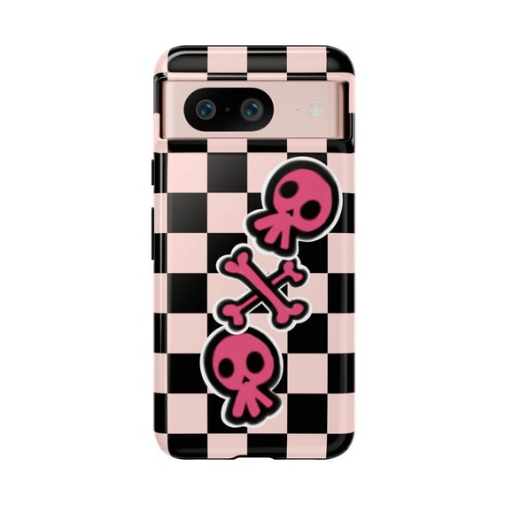 Google Pixel or Samsung Galaxy Skull Phone Case - Black and Pink Checkered Phone Case with Skulls and Crossbones - Checkers Phone Cover