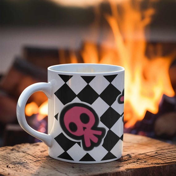 Black and Pink Ceramic Mug with Cartoonish Skulls - Scenecore Emo Vibes - Harajuku Kawaii Cup - Rockstar Chick Vibe