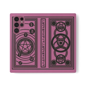 Funda tipo cartera con diseño de libro de hechizos rosa para iPhone 11-16 y Samsung Galaxy S21-S22 / Cuero vegano, Fantasy Alchemy, Tarjetero, Grimoire