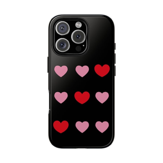 iPhone, Samsung Galaxy or Google Pixel Hearts Phone Case - Black Phone Cover with Cute Red Hearts - Love is in the Air