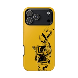 May include: Yellow phone case with a black and white illustration of a robot. The robot design is detailed with mechanical elements and a unique, artistic style. The case has a glossy finish and a protective design.