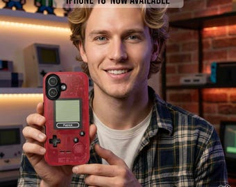 May include: A red translucent smartphone case featuring a retro handheld gaming console design with a D-pad, A and B buttons, and a screen area labeled Patrick. The case has a circular camera cutout and visible internal circuitry patterns.