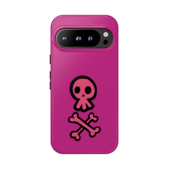 Google Pixel, iPhone or Samsung Galaxy Pink Phone Case. Graffiti-Inspired Poison Symbol - Skull & Crossbones, Alternative Style for Her