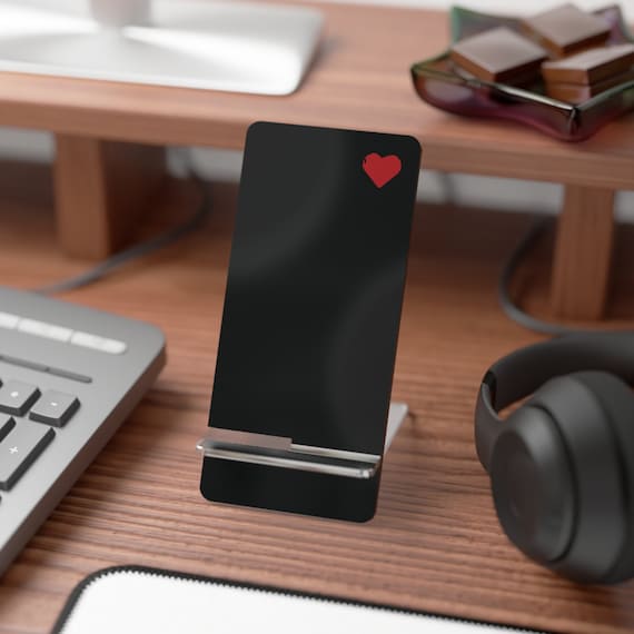 Black Cell Phone Stand with Red Pixelated Heart | Mobile Display Holder for Smartphones | Office, Nightstand, Desk Decor