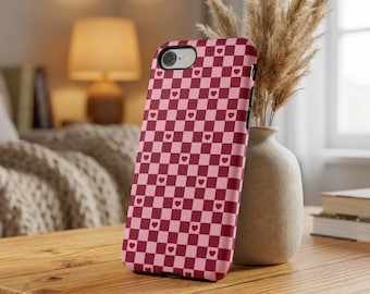 Checkered Phone Case with Hearts | iPhone, Samsung Galaxy, Google Pixel | Retro Vintage Aesthetic Cover | Cute 2000s Y2K Tech Accessory