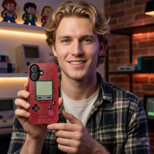 An influencer holding a red retro gamers phone case for iPhone, Samsung Galaxy or Google Pixel with Gameboy inspired design. Personalized gift for Nintendo Switch, Xbox and Arcade fans. Gift for son or boyfriend.
