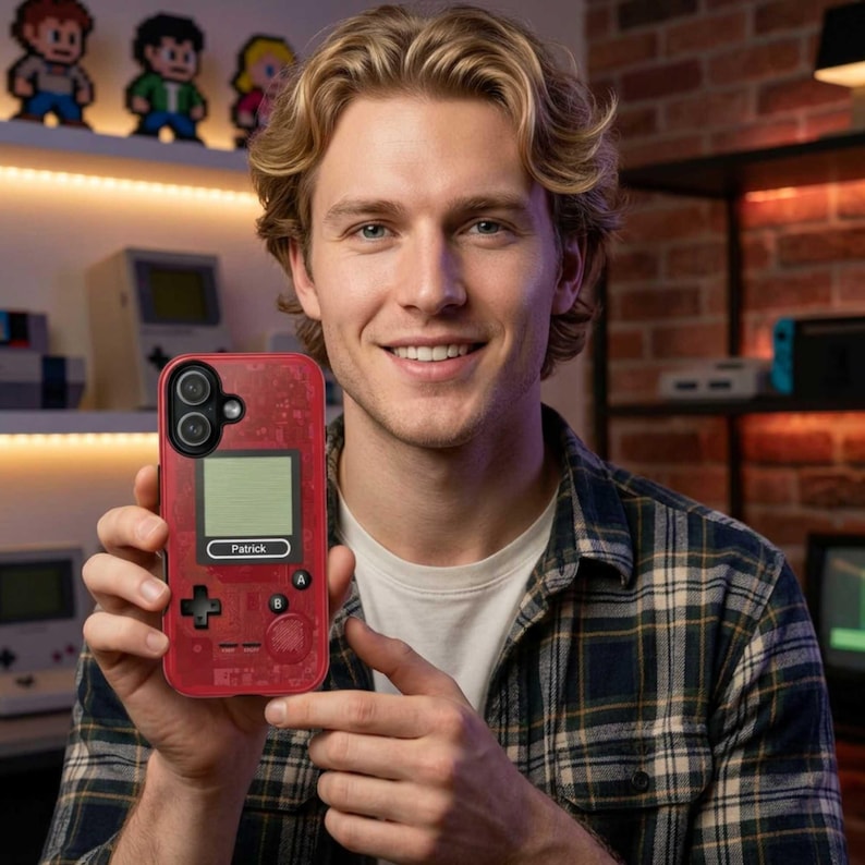An influencer holding a red retro gamers phone case for iPhone, Samsung Galaxy or Google Pixel with Gameboy inspired design. Personalized gift for Nintendo Switch, Xbox and Arcade fans. Gift for son or boyfriend.