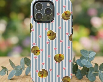 iPhone Case, Tough Case & Magsafe Tough Phone Case: Blue White Stripped Phone Case with Cute Hearts and Rubber Duck Pattern. Gift for Her
