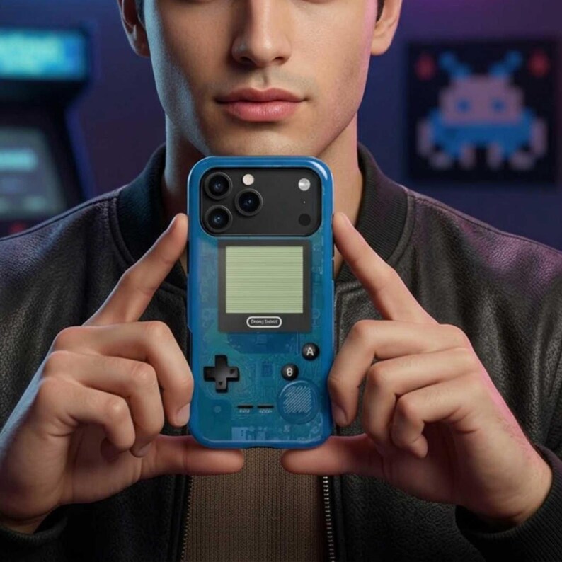 A man holding a blue gamers phone case with a retro design. Phone cover for Nintendo Game Boy, arcade, retro games and vintage tech fans. Available for iPhone 17 Pro Max, Samsung s26 Ultra, Pixel 9 Pro and more.