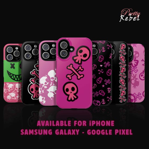 Pink & Black iPhone, Samsung Galaxy and Pixel Cases - Skulls and Crossbones Design- Alternative Rebel Tech Accessory for Her