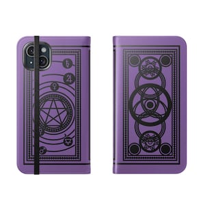 Purple and Black Spellbook Phone Wallet Case: Vegan Leather Alchemy Design