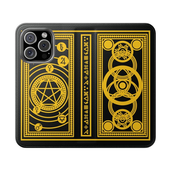 Wallet Phone Case for iPhone 16/15/14/13/12/11 and Samsung Galaxy S22/S21, Black & Yellow Spellbook Design, Card Holder, Vegan Leather