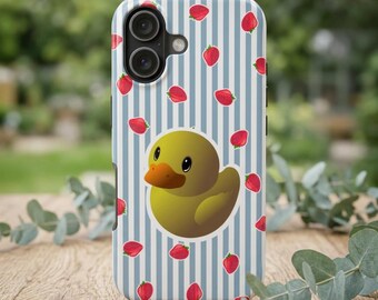 Stripped Phone Case with Strawberry Pattern and Rubber Duck | Tough iPhone Cases, MagSafe Compatible Options | Cute Gift for Her
