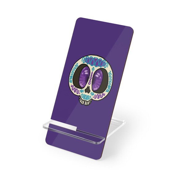 Purple Portable Phone Stand - Cute Cartoonish Mexican Sugar Skull Head - Halloween Cell Phone Holder