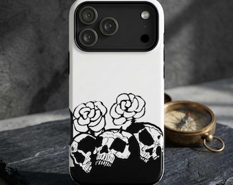 Phone Case for iPhone, Samsung Galaxy, Pixel: Black White Emo Gothic Skulls & Roses | iPhone 17 Pro Max Case, Samsung S26 Ultra Case,
