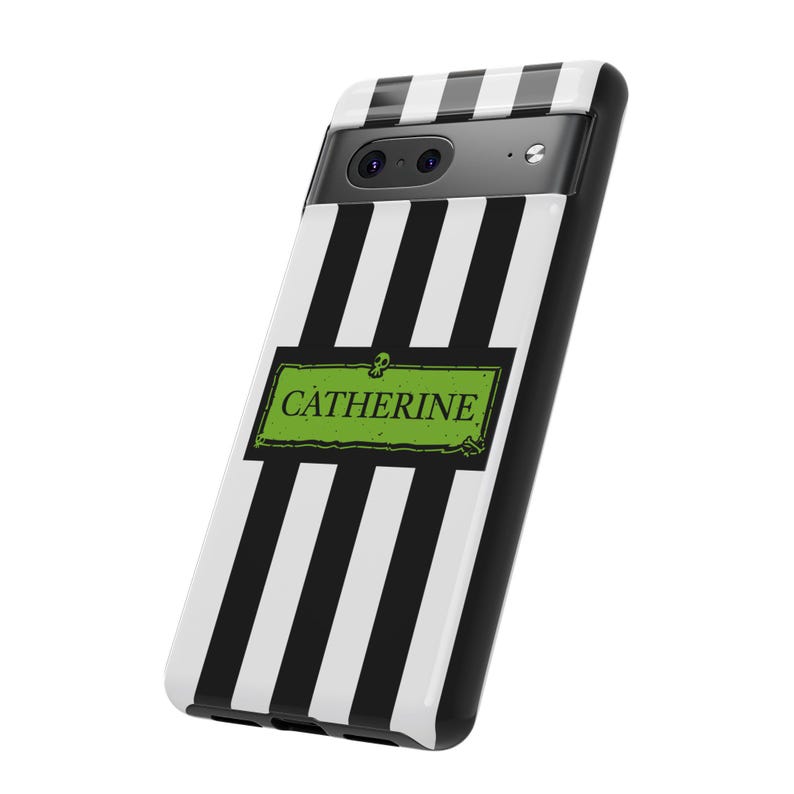 Custom name iPhone, Samsung Galaxy, and Google Pixel phone case inspired by Beetlejuice and Wednesday Addams. Black and white striped design with gothic, alternative, and spooky aesthetic. Perfect personalized gift for Halloween, Christmas, or fans of dark fashion and Tim Burton style.