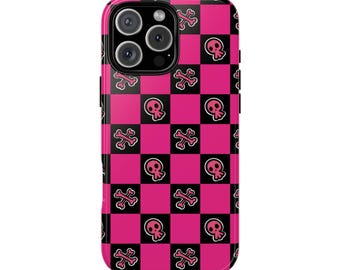iPhone, Samsung Galaxy, Pixel Cases (iPhone 17 Pro Max case, S26 Ultra, etc)  - Black & Pink Checkered Phone Case with Skulls and Crossbones