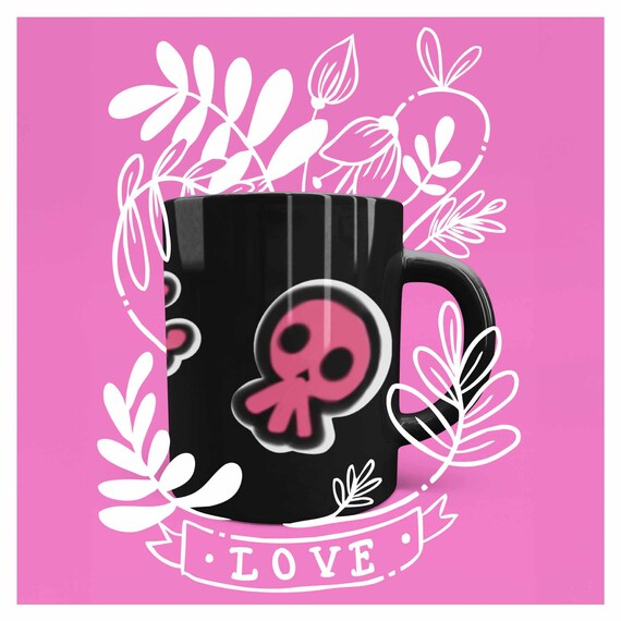 Black and Pink Mug - Pastel Goth, Emo, Scenecore Skulls - Unique Cartoonish Skulls Design - Cool Graffiti in a Coffee Cup