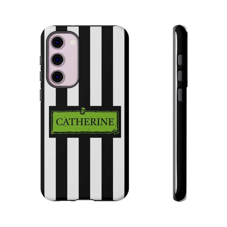 Front and side view of custom name iPhone, Samsung Galaxy, and Google Pixel phone case inspired by Beetlejuice and Wednesday Addams. Black and white striped design with gothic, alternative, and spooky aesthetic. Perfect personalized gift for Halloween, Christmas, or fans of dark fashion and Tim Burton style.