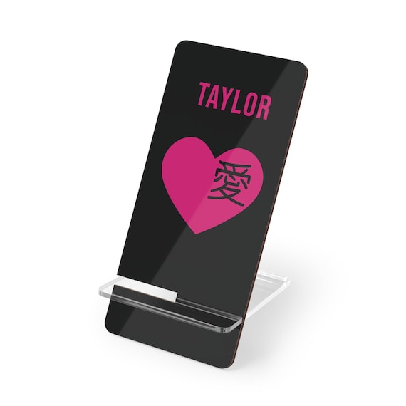 Custom Phone Stand - Heart & Love Kanji Desk Holder - Pink and Black Cell Phone Holder for Office, Nightstand - Personalized Gift for Her