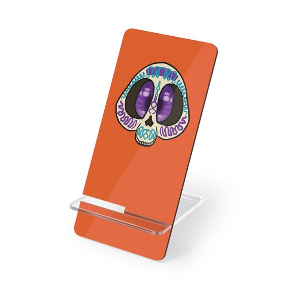 Orange Halloween Phone Stand - Cute Cartoonish Mexican Sugar Skull - Portable Cell Phone Holder