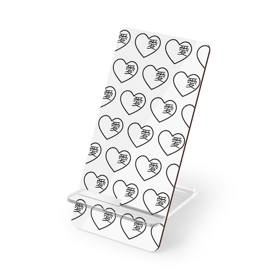 Cute Hearts & Love Kanji Phone Stand - Chic White and Black Desk Holder - Cell Phone Holder for Office, Nightstand - Gift for Her
