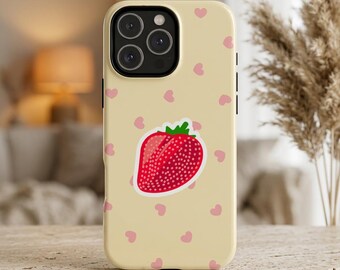 Strawberry & Hearts Phone Case for iPhone, Samsung Galaxy, Pixel (iPhone 17 Pro Max case, S26 Ultra etc): Fun, Cute, Colorful Gift for Her