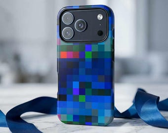 Blue Pixels Phone Case for iPhone, Samsung Galaxy and Google Pixel (iPhone 17 Pro Max Case, S26 Ultra Case, etc) - Colorful Checks