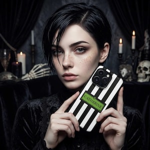 A beetlejuice black and white striped phone case. Custom name phone cover. A personalized gift for her with an emo gothic vibe. Whimsigoth phone case for iPhone, Samsung Galaxy and Google Pixel.