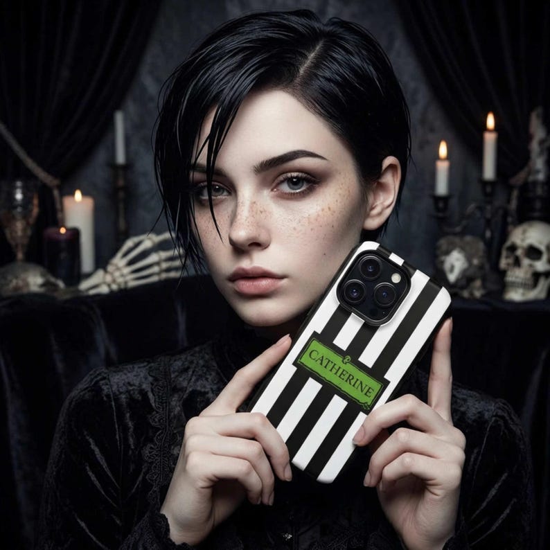 A beetlejuice black and white striped phone case. Custom name phone cover. A personalized gift for her with an emo gothic vibe. Whimsigoth phone case for iPhone, Samsung Galaxy and Google Pixel.