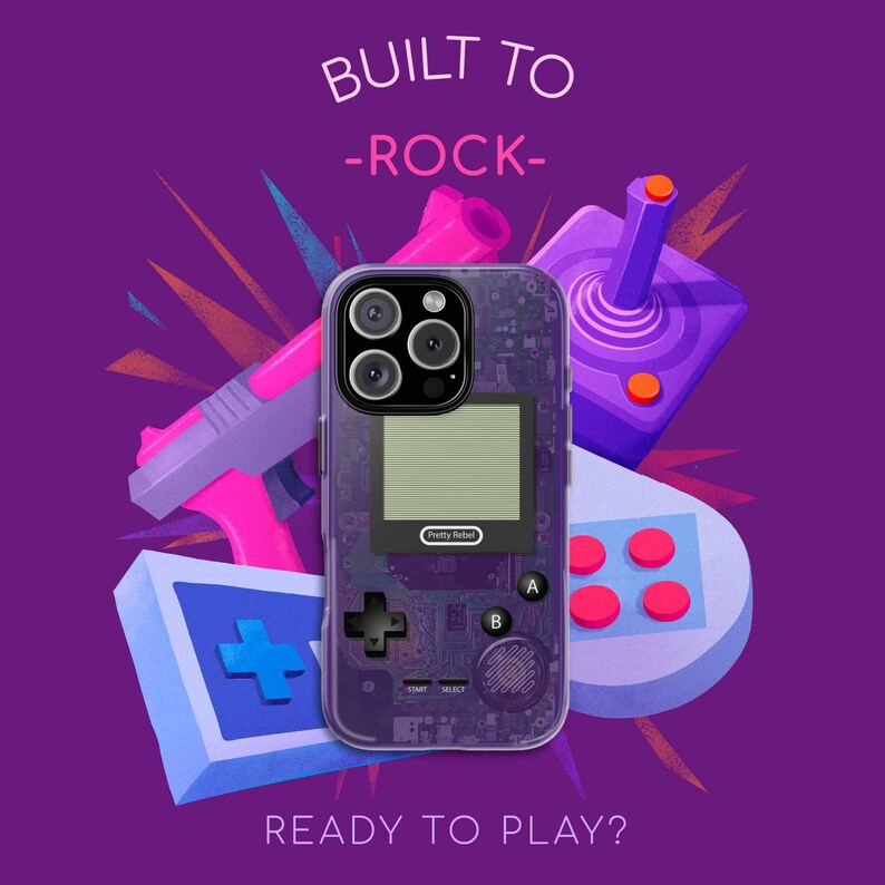 Purple phone case for iPhone, Samsung Galaxy and Google Pixel with an illustration of a game console inspired on Game boy - Gift for him, boyfriend, gamers, tech enthusiasts.