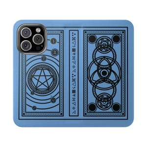 Blue Spell Book Phone Wallet: Vegan Leather Card Holder for iPhone and Samsung Galaxy.