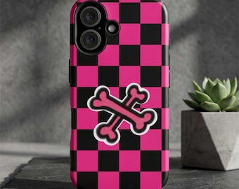 Black & Pink Checkered iPhone, Samsung Galaxy, Pixel Cases (iPhone 17 Pro Max case, S26 Ultra etc)  - Phone Case with Skulls and Crossbones