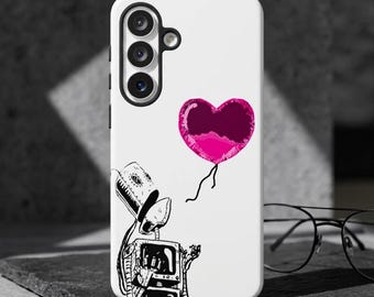 Phone Case for iPhone, Samsung, Pixel: Robot Captivated by Baloon Heart, an Original Pretty Rebel Artwork.