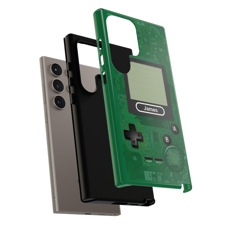 Green phone case for iPhone, Samsung Galaxy or Google Pixel with a vintage video games design. A personalized gift for him with a custom name.