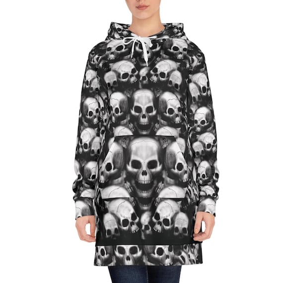 Skulls Hoodie Dress for Women | Black & White Gothic Grunge Design | Monochrome Hoodie Dress | Alternative, Edgy Fashion