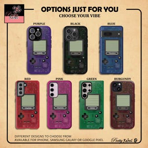 Five available color options for retro gamers phone case for iPhone, Samsung Galaxy or Google Pixel with a GameBoy inspired design - Personalized gift for Nintendo Switch, Xbox and Arcade fans with custom name - Gift for him.