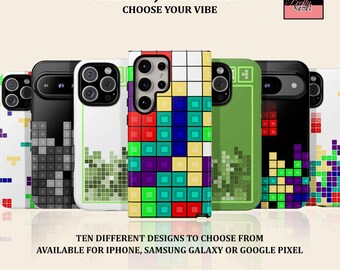 May include: A collection of smartphone cases featuring various colorful block-based patterns. The text reads OPTIONS JUST FOR YOU, CHOOSE YOUR VIBE, Pretty Rebel, and TEN DIFFERENT DESIGNS TO CHOOSE FROM AVAILABLE FOR IPHONE, SAMSUNG GALAXY OR GOOGLE PIXEL.